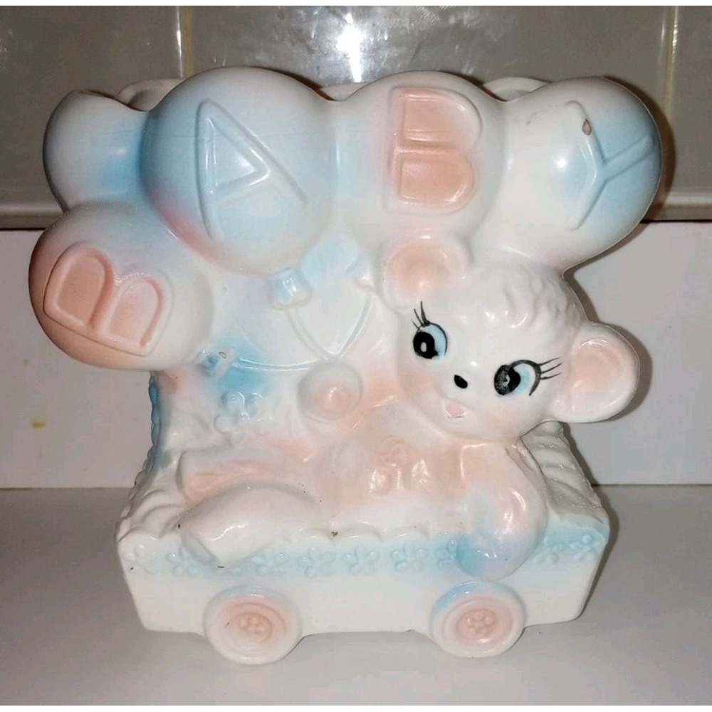 Vintage Inarco Japan Baby Bear Planter Blue Pink Balloons